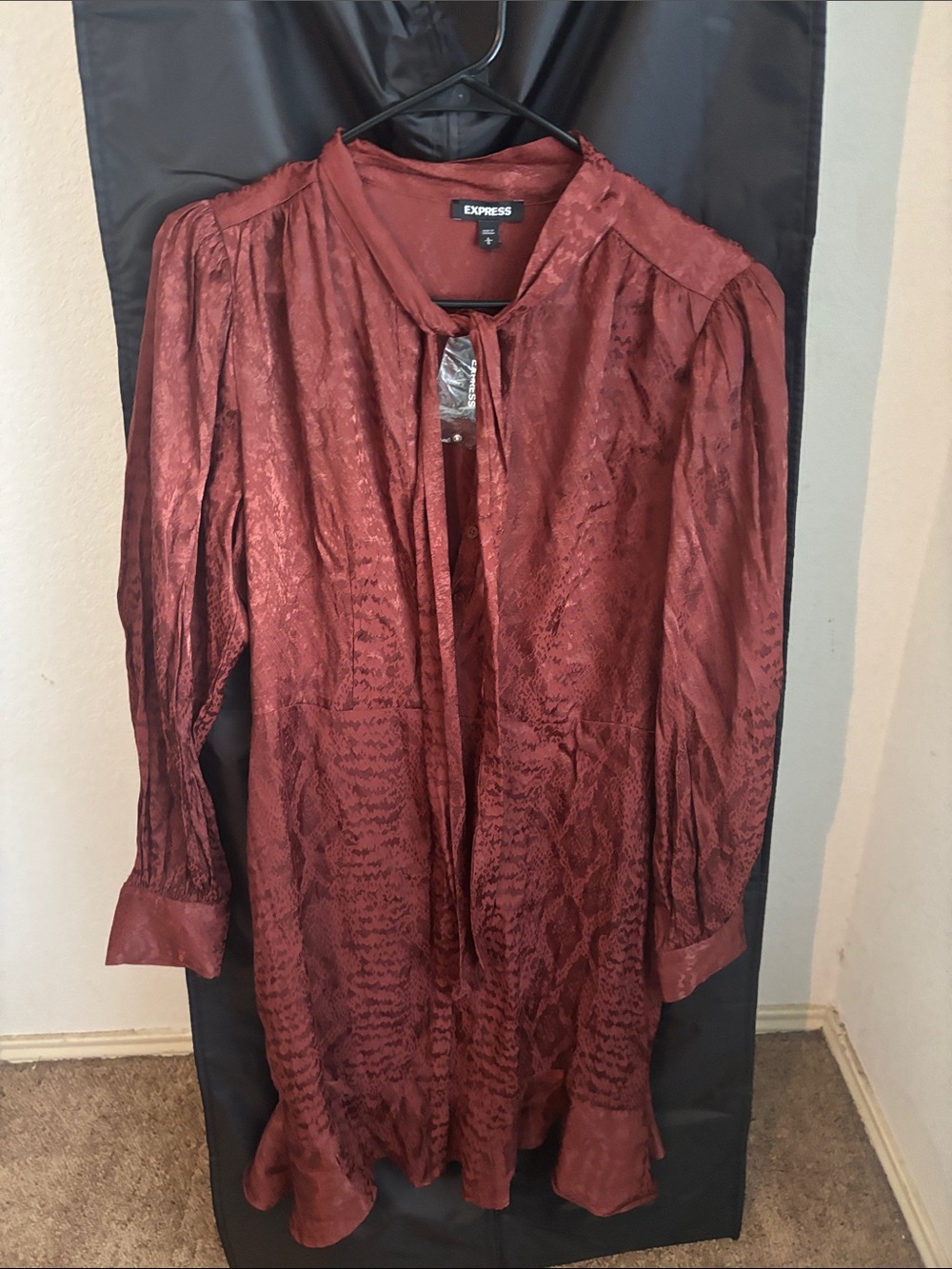 Express Women's Rust Red Midi Dress with Tie Neck